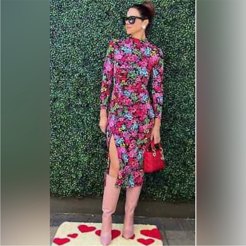 Floral Long Sleeve Dress with a slit in front and a beautiful waste crunch